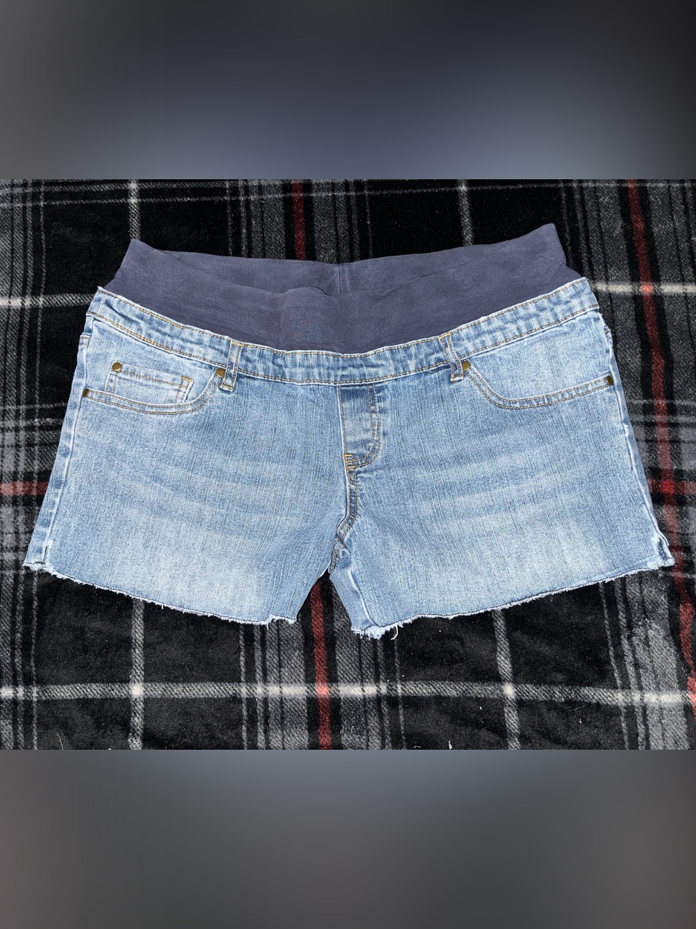Light Blue Denim Maternity Shorts with Navy Stretch Waistband
